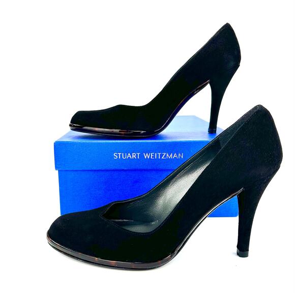 Stuart Weitzman Black Stiletto Heel Pump Sz 7 Suede Almond Toe Mini Platform New - Picture 2 of 14
